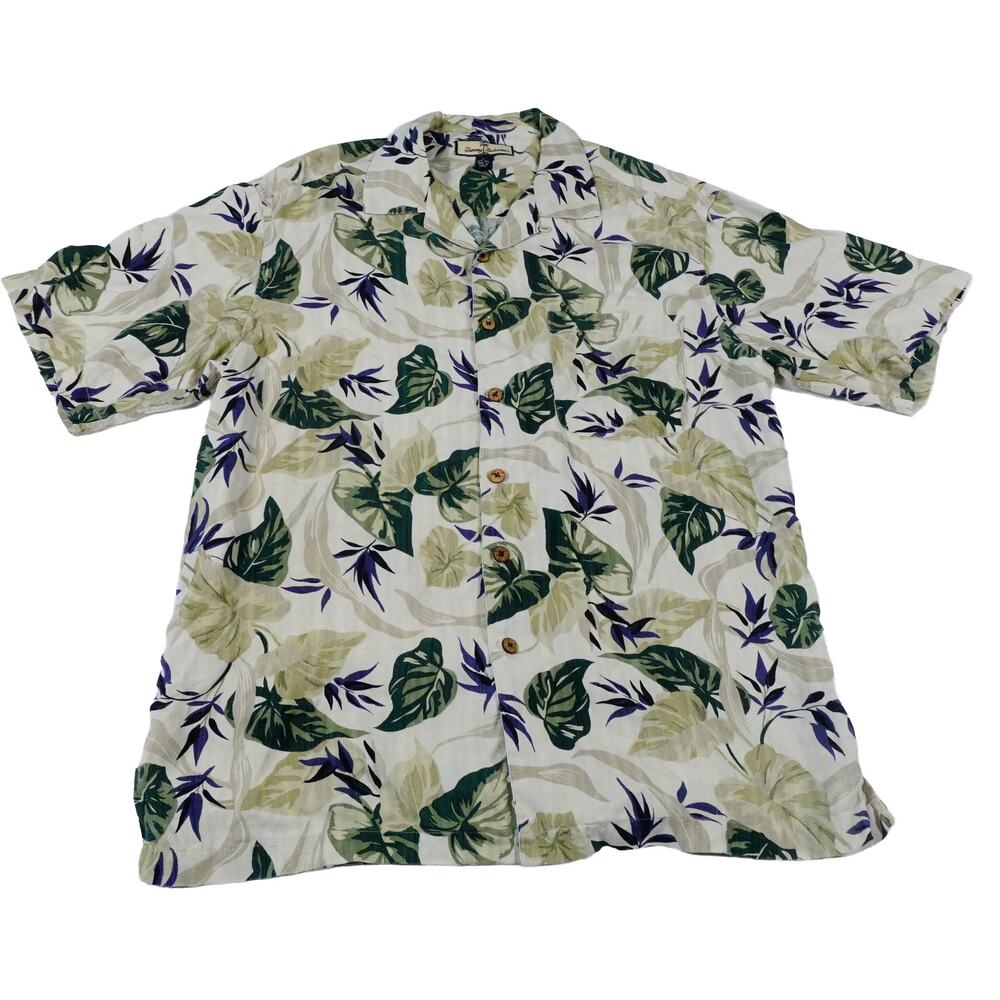 Tommy Bahama Floral Leaf Silk Hawaiian Tropical Button Up Camp Shirt Large